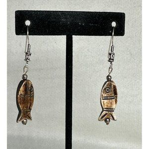 Carved Fish Dangle Earrings - Sterling Ear Hooks - 2 1/4"